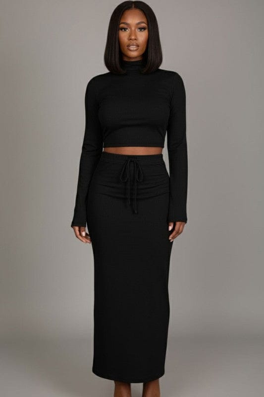 Black / S Mock Neck Bell Sleeve Crop Top & Maxi Skirt Set