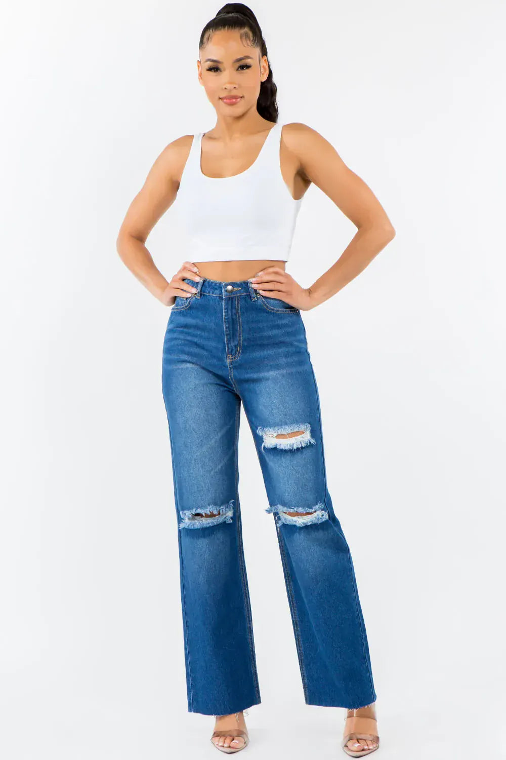 Blue / 1 American Bazi High Waist Distressed Wide Leg Jeans