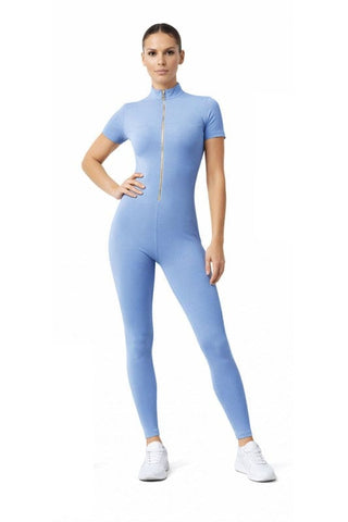 Blue / Small Gold Zipper Short Sleeve Active Wear Jumpsuit