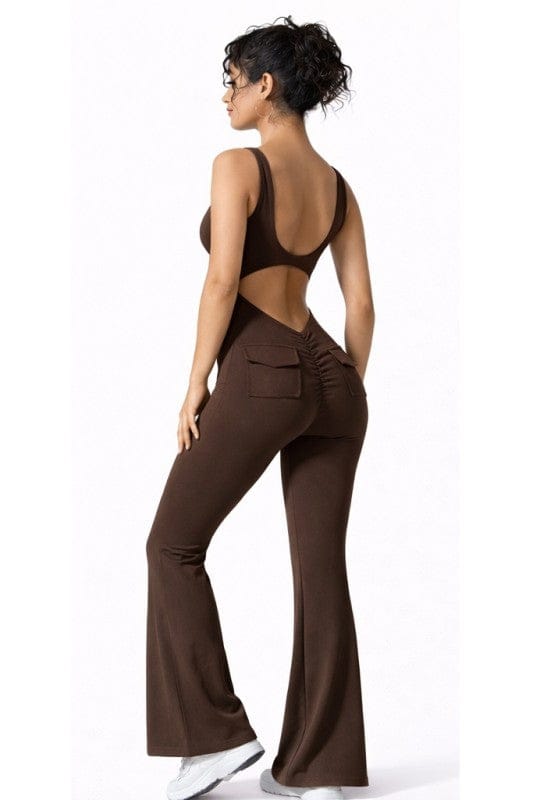 Brown / Small Open Back Scrunch Butt Flare Bottom Jumpsuit
With Pockets