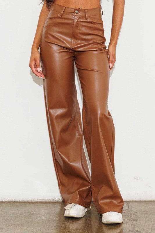 Cognac / 1 Vegan Leather Wide Leg Pants