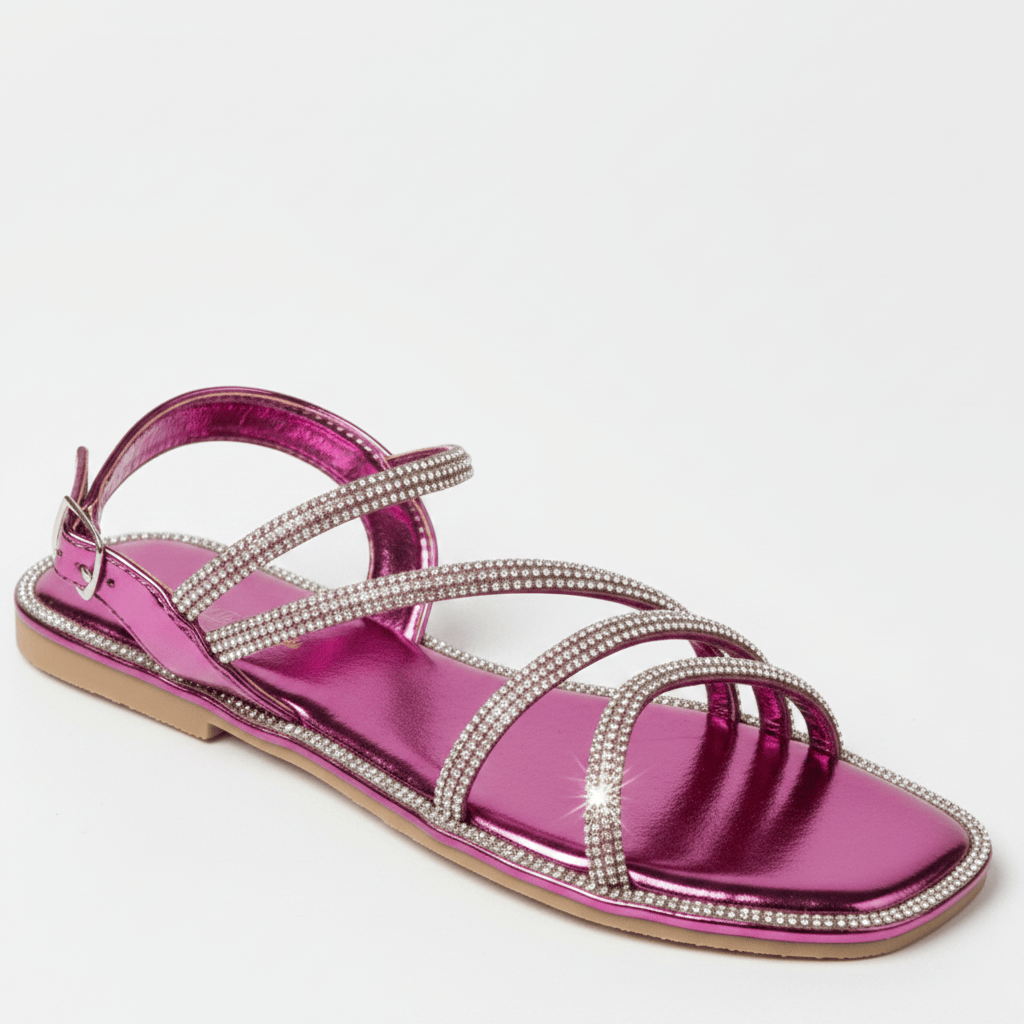 Dark Pink / 6 Sparkle Strappy Flat Sandals – Rhinestone Embellished Slingback Comfort Sandals