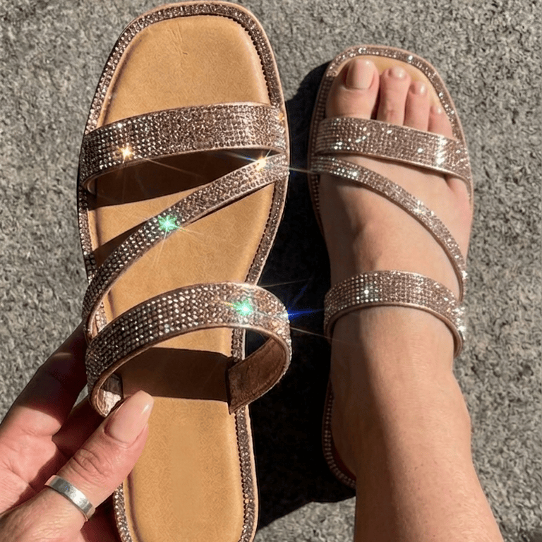 Gold / 5.5 Women's Sparkly Strappy Flat Sandals – Bling Crystal Slip-on Slide Sandals for Summer