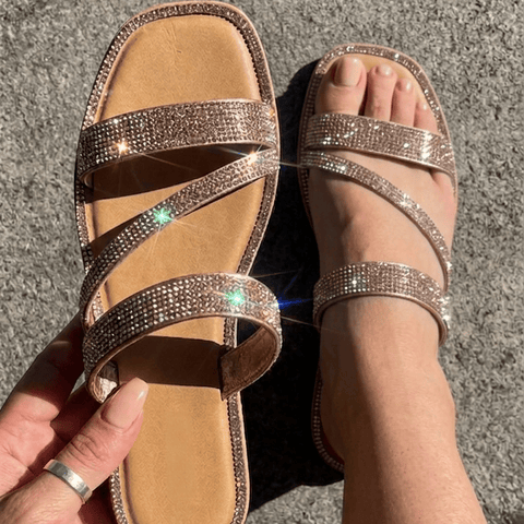 Gold / 5.5 Women's Sparkly Strappy Flat Sandals – Bling Crystal Slip-on Slide Sandals for Summer