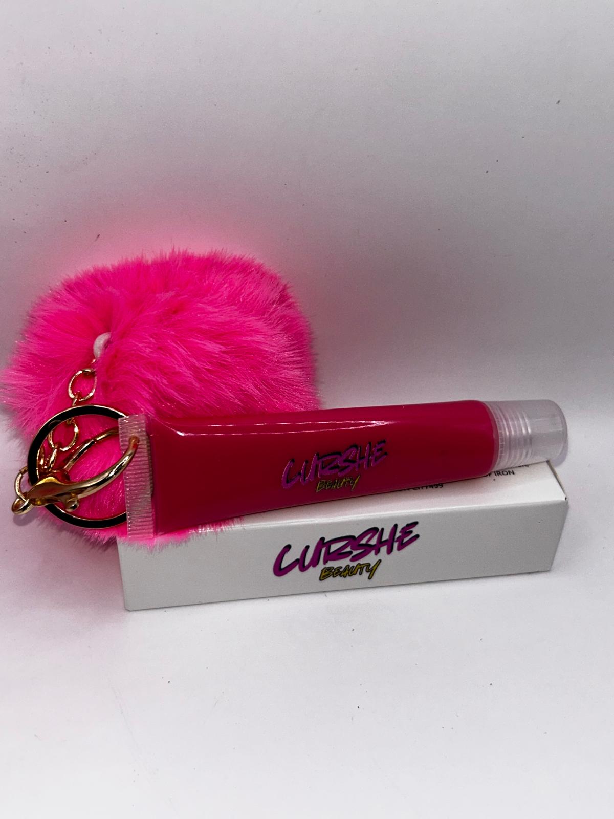 Lip Gloss Dark Pink Curshe Beauty Lip Gloss Keychain – Fluffy Pom-Pom Lip Gloss