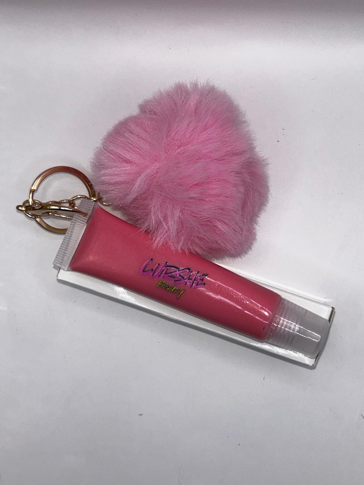 Lip Gloss Pink Curshe Beauty Lip Gloss Keychain – Fluffy Pom-Pom Lip Gloss