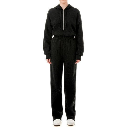 outfit Small / Black FLEECE HALF ZIP-UP WIDE LEG JUMPSUIT W HOODIE & SIDE POCKETS
