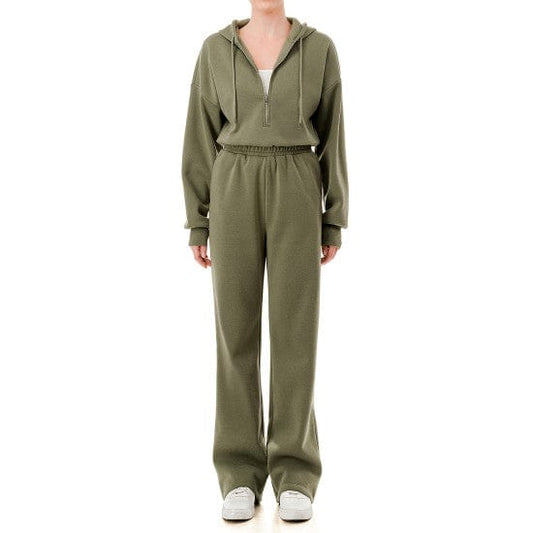 outfit Small / Green FLEECE HALF ZIP-UP WIDE LEG JUMPSUIT W HOODIE & SIDE POCKETS