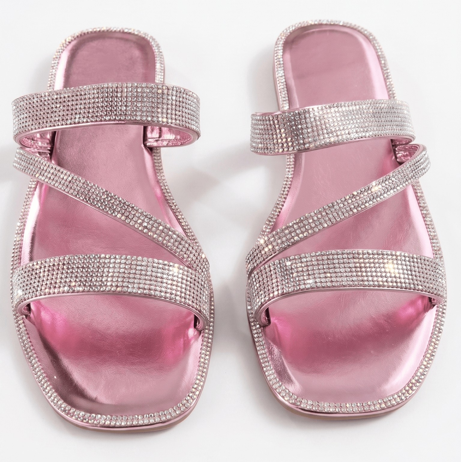 Pink / 5.5 Women's Sparkly Strappy Flat Sandals – Bling Crystal Slip-on Slide Sandals for Summer