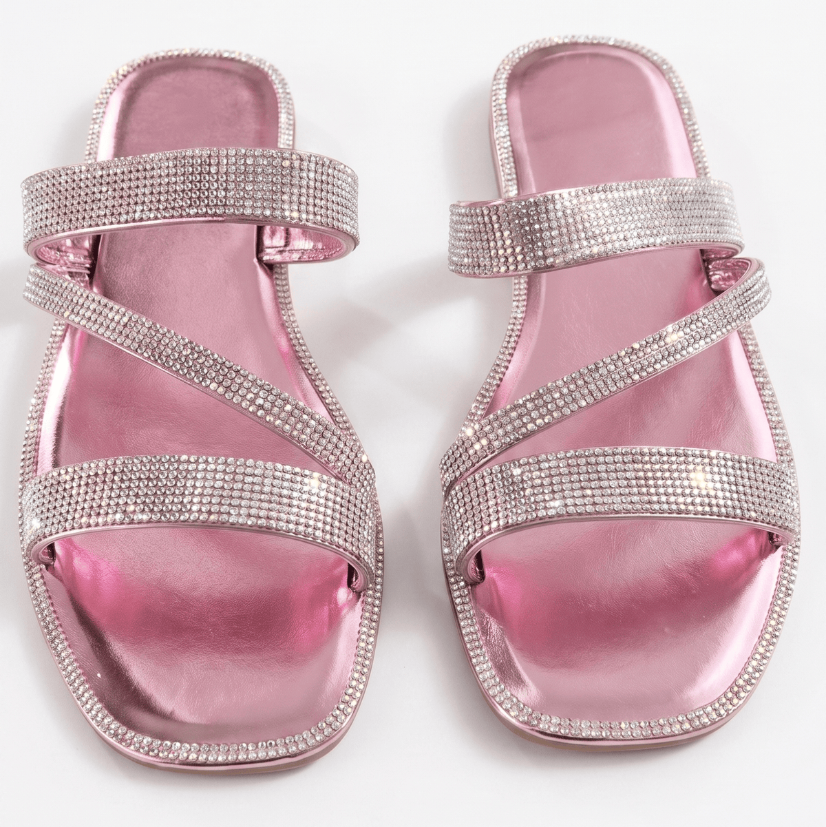 Pink / 5.5 Women's Sparkly Strappy Flat Sandals – Bling Crystal Slip-on Slide Sandals for Summer