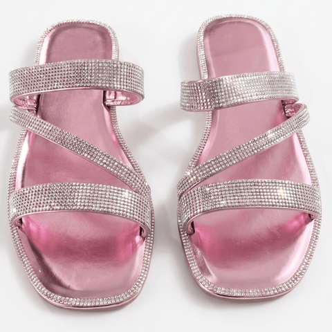 Pink / 5.5 Women's Sparkly Strappy Flat Sandals – Bling Crystal Slip-on Slide Sandals for Summer