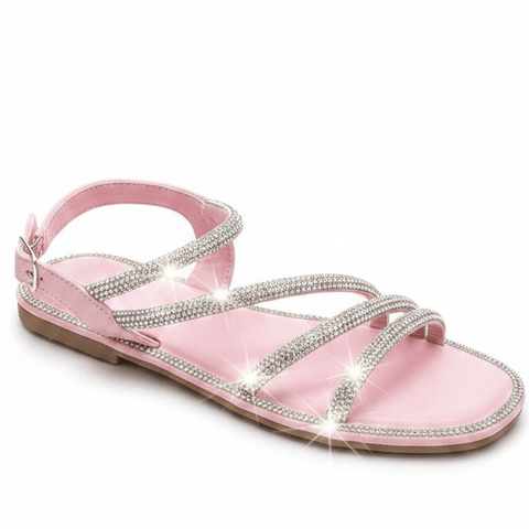 Pink / 6 Sparkle Strappy Flat Sandals – Rhinestone Embellished Slingback Comfort Sandals