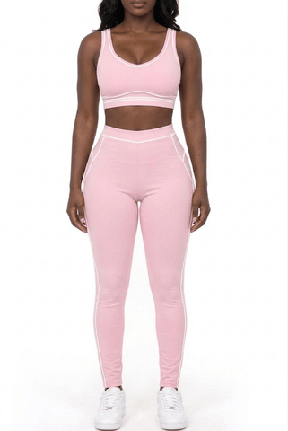 Pink / Small Women White Piping Trim Sports Bra Leggings Pants Set