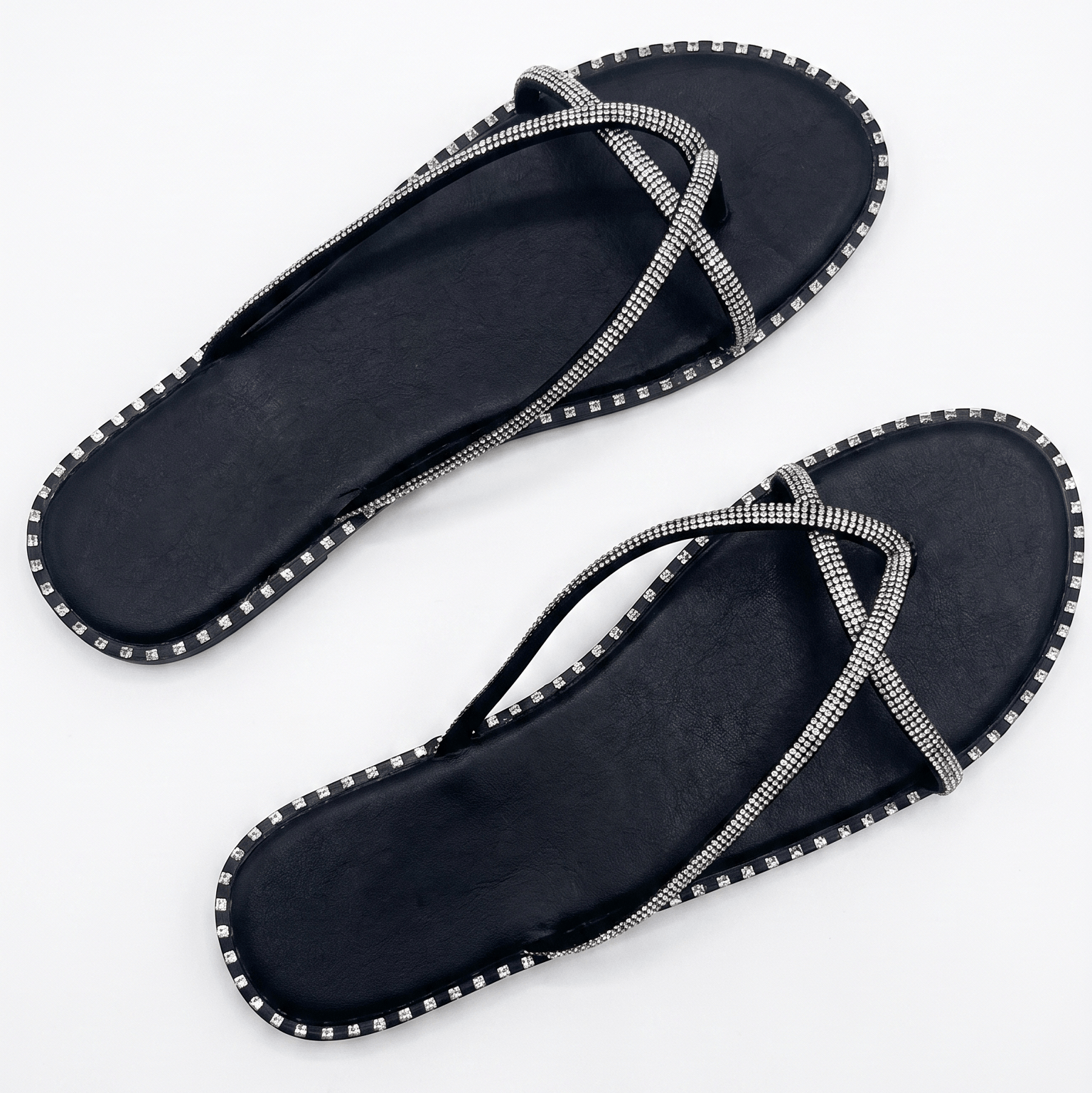 Rhinestone Criss-Cross Thong Sandals – Black