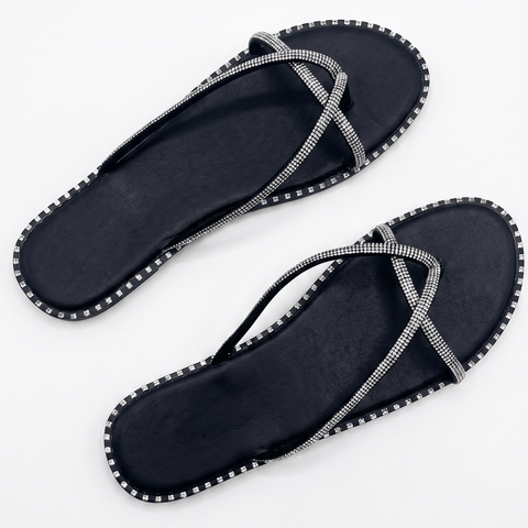 Rhinestone Criss-Cross Thong Sandals – Black