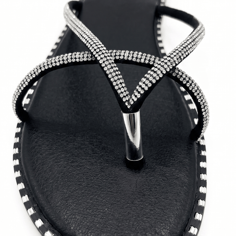Rhinestone Criss-Cross Thong Sandals – Black
