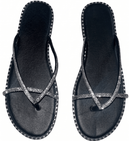 Rhinestone Criss-Cross Thong Sandals – Black