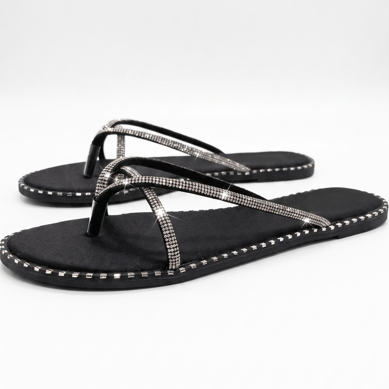 Rhinestone Criss-Cross Thong Sandals – Black