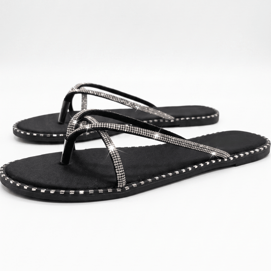 Rhinestone Criss-Cross Thong Sandals – Black