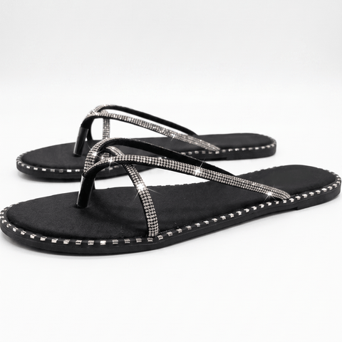 Rhinestone Criss-Cross Thong Sandals – Black