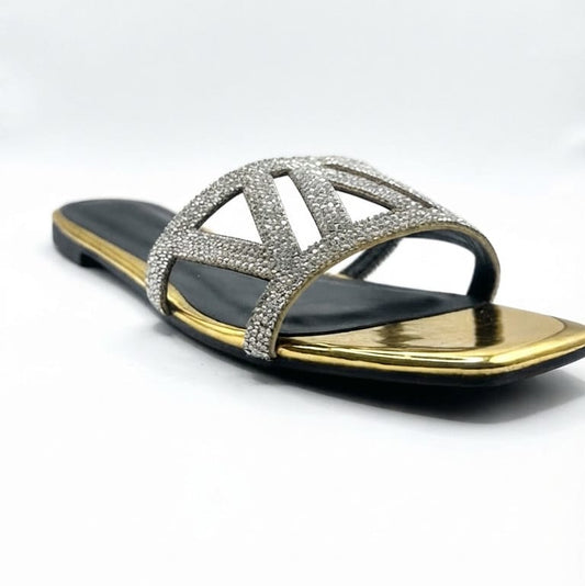 Shoes 5.5 Women’s Rhinestone Cutout Flat Sandals – Metallic Gold Trim Square Toe Slide Mules