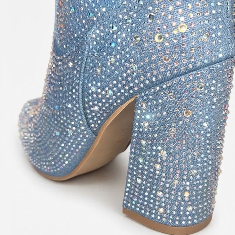 Shoes 6.5 Women's Dazzling Light-Wash Denim Western Ankle Boots with All-Over Iridescent Rhinestone Embellishment