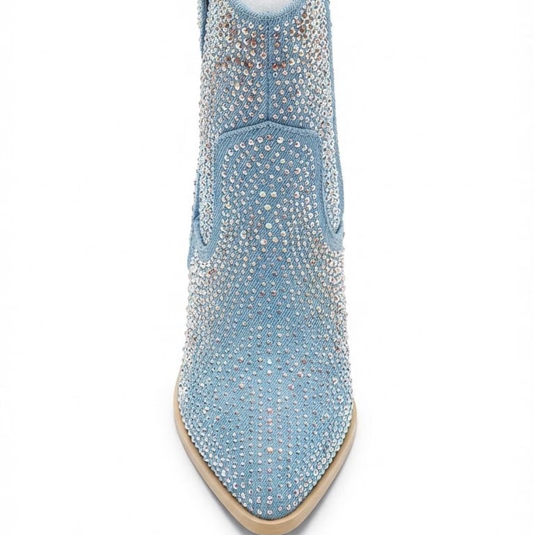 Shoes 6.5 Women's Dazzling Light-Wash Denim Western Ankle Boots with All-Over Iridescent Rhinestone Embellishment
