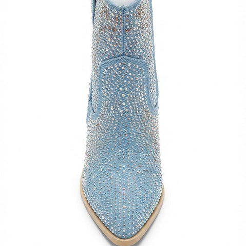 Shoes 6.5 Women's Dazzling Light-Wash Denim Western Ankle Boots with All-Over Iridescent Rhinestone Embellishment