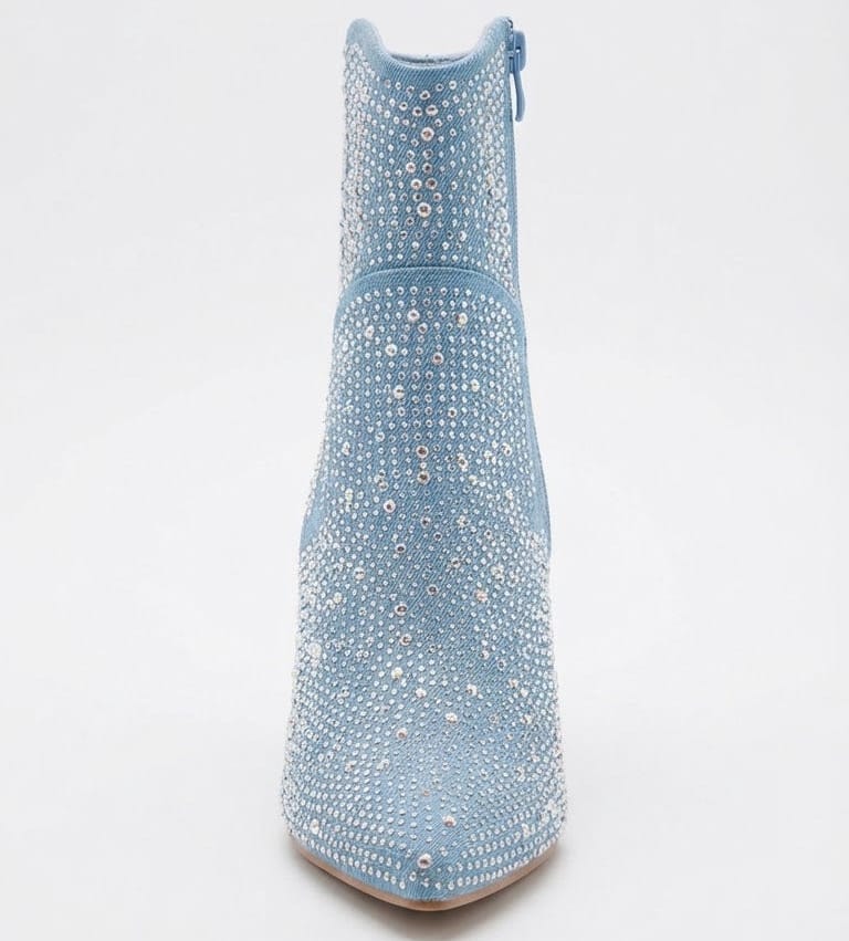 Shoes 6.5 Women's Dazzling Light-Wash Denim Western Ankle Boots with All-Over Iridescent Rhinestone Embellishment