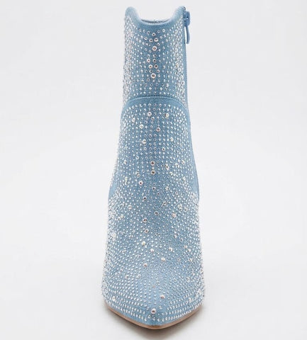 Shoes 6.5 Women's Dazzling Light-Wash Denim Western Ankle Boots with All-Over Iridescent Rhinestone Embellishment