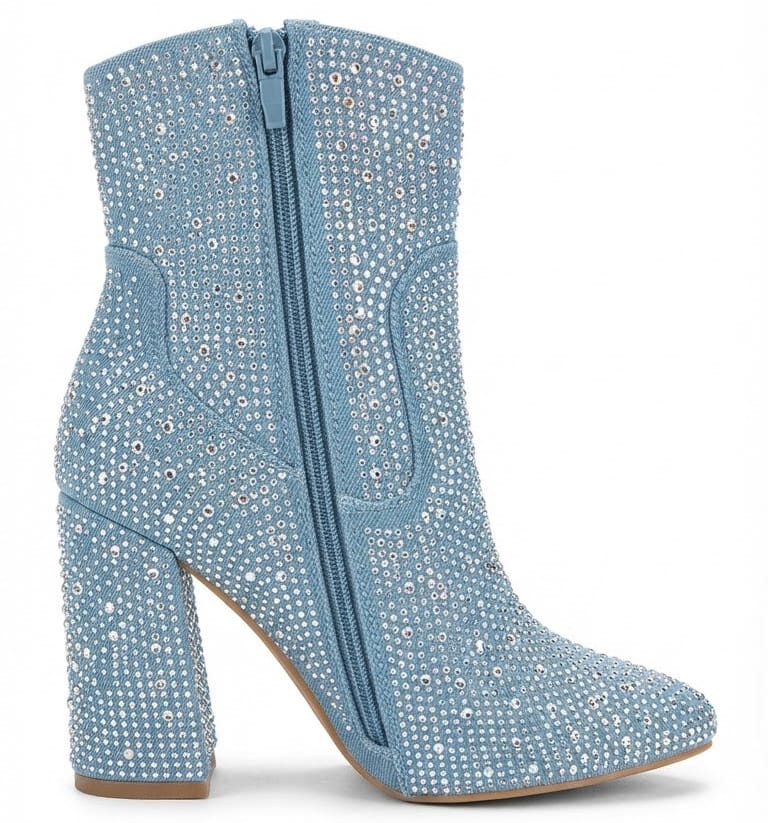 Shoes 6.5 Women's Dazzling Light-Wash Denim Western Ankle Boots with All-Over Iridescent Rhinestone Embellishment