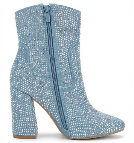 Shoes 6.5 Women's Dazzling Light-Wash Denim Western Ankle Boots with All-Over Iridescent Rhinestone Embellishment