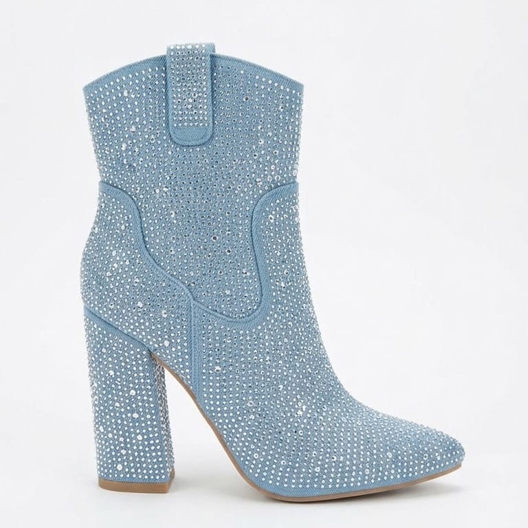 Shoes 6.5 Women's Dazzling Light-Wash Denim Western Ankle Boots with All-Over Iridescent Rhinestone Embellishment