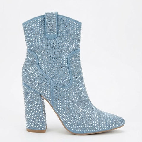 Shoes 6.5 Women's Dazzling Light-Wash Denim Western Ankle Boots with All-Over Iridescent Rhinestone Embellishment