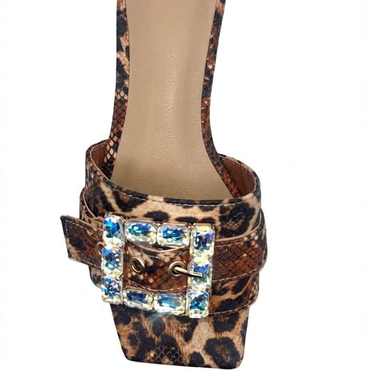 Shoes 6 Women's Leopard Print Flat Slide Sandals with Iridescent Rhinestone Buckle