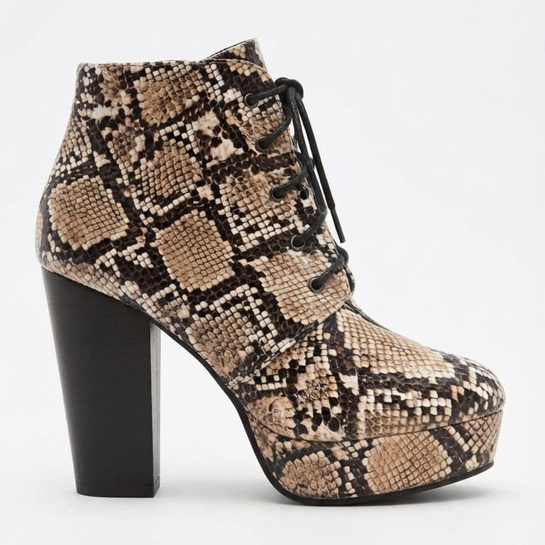 Shoes Beige / 6 Women Snakeskint Print Platform Lace-Up Boots
