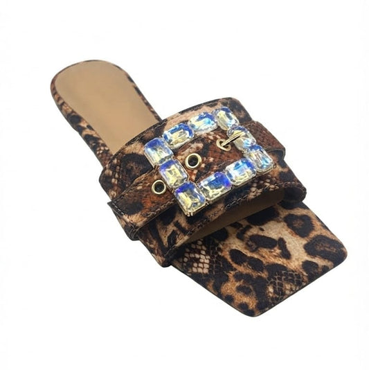 Shoes Women's Leopard Print Flat Slide Sandals with Iridescent Rhinestone Buckle
