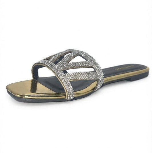 Shoes Women’s Rhinestone Cutout Flat Sandals – Metallic Gold Trim Square Toe Slide Mules