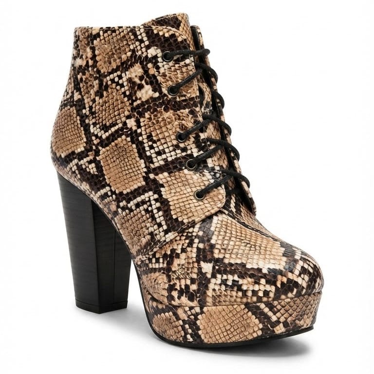 Shoes Women Snakeskint Print Platform Lace-Up Boots