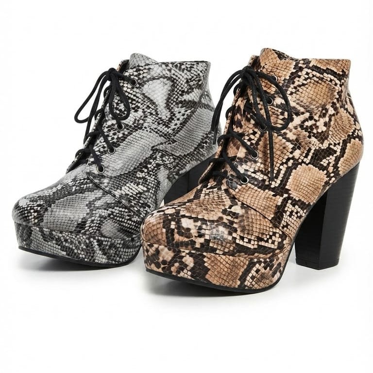 Shoes Women Snakeskint Print Platform Lace-Up Boots