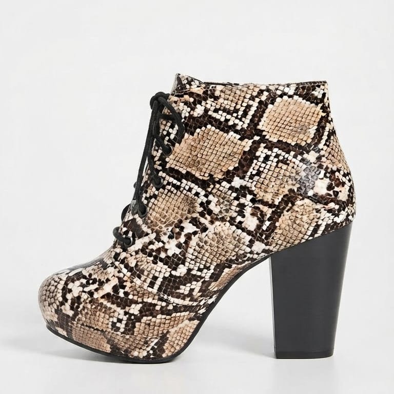 Shoes Women Snakeskint Print Platform Lace-Up Boots