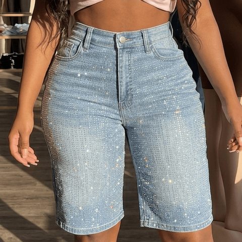 Small Women Half Cut Rhinestone Denim Jeans Pants