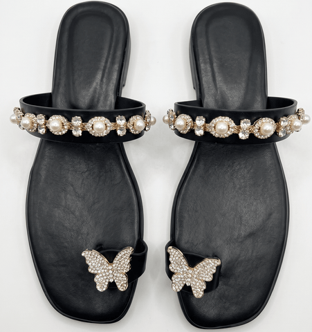 Sparkling Butterfly & Pearl Embellished Toe-Ring Flat Sandals