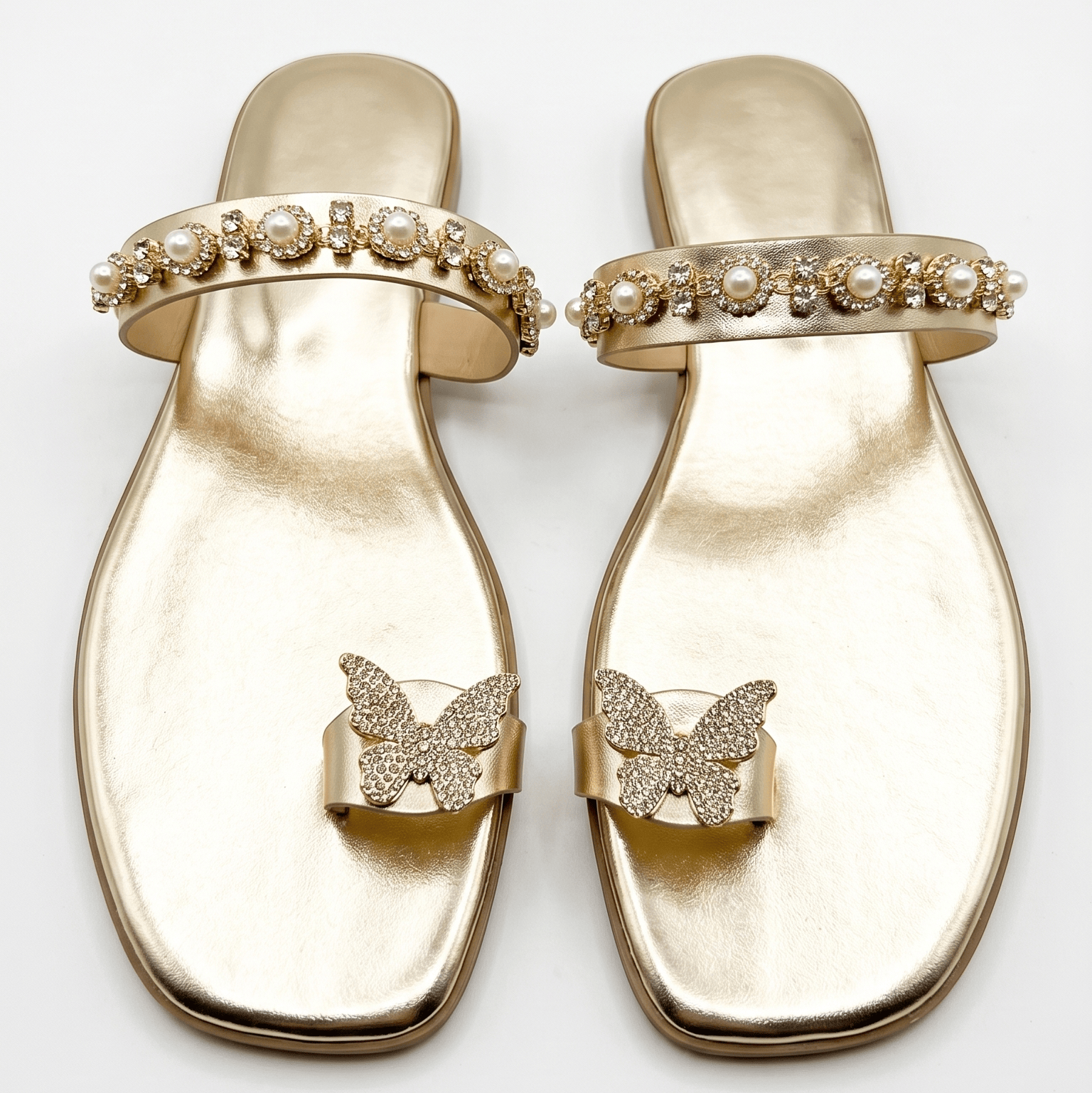 Sparkling Butterfly & Pearl Embellished Toe-Ring Flat Sandals