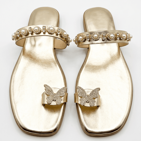 Sparkling Butterfly & Pearl Embellished Toe-Ring Flat Sandals