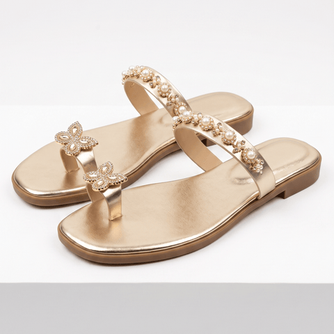 Sparkling Butterfly & Pearl Embellished Toe-Ring Flat Sandals