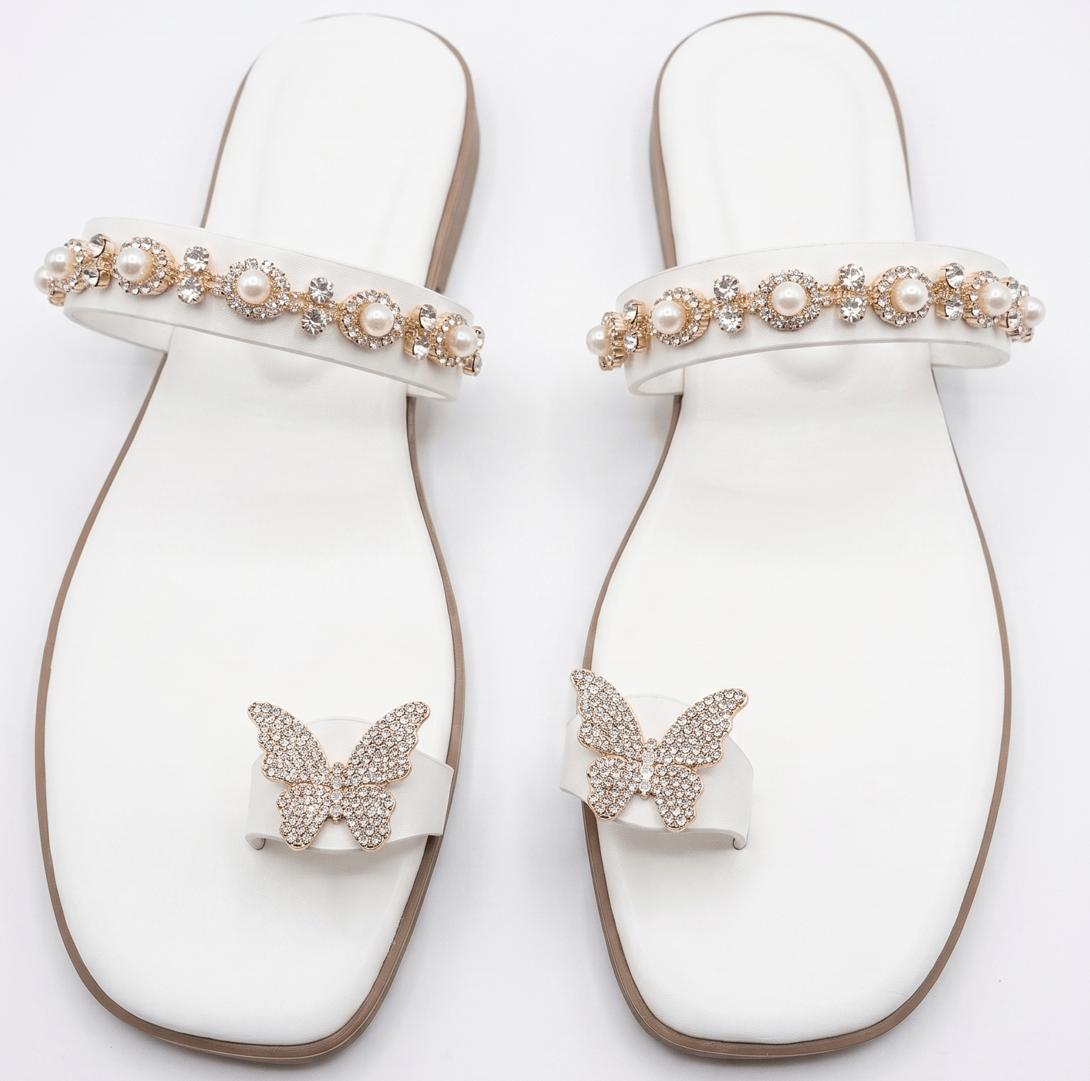 Sparkling Butterfly & Pearl Embellished Toe-Ring Flat Sandals