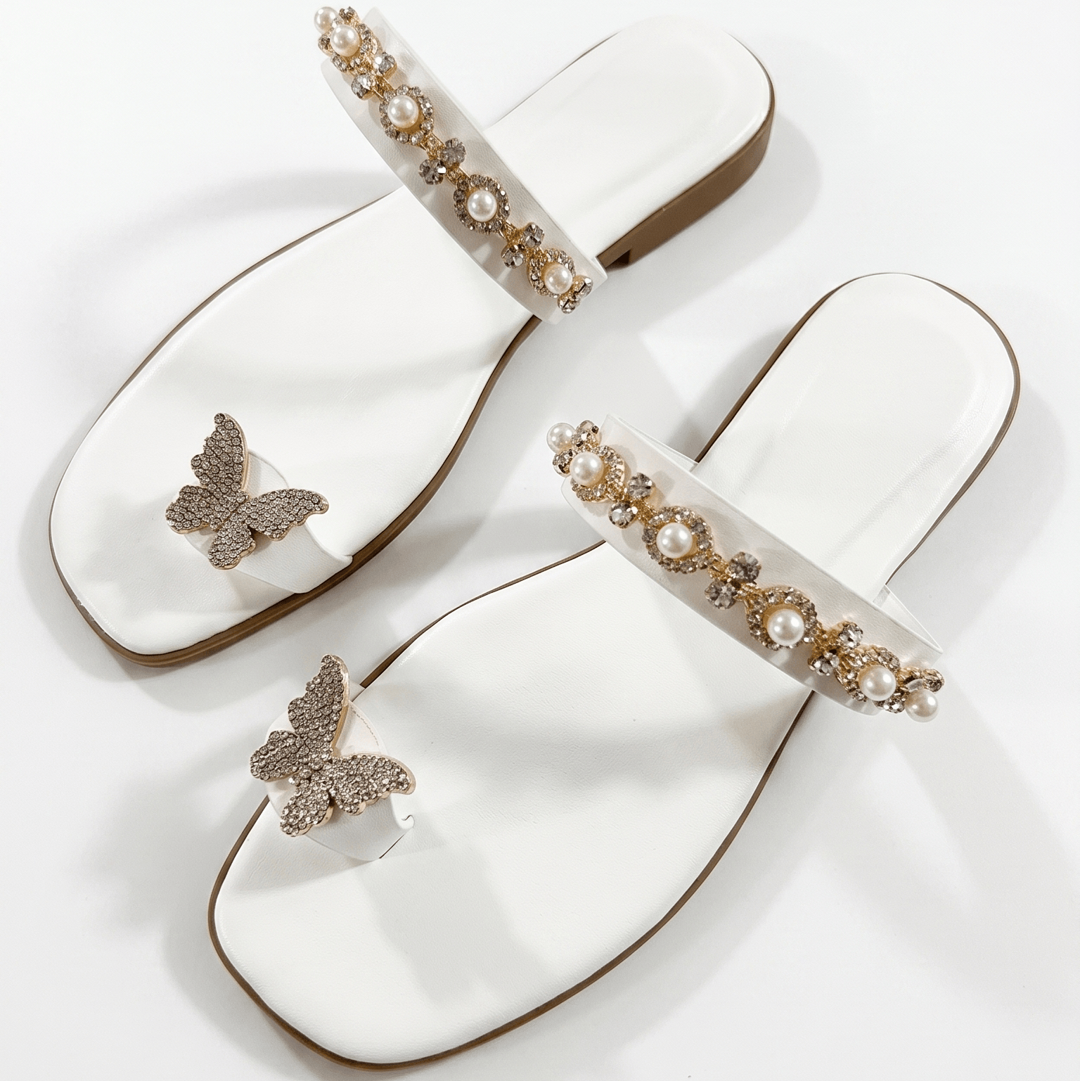 Sparkling Butterfly & Pearl Embellished Toe-Ring Flat Sandals