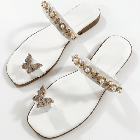 Sparkling Butterfly & Pearl Embellished Toe-Ring Flat Sandals
