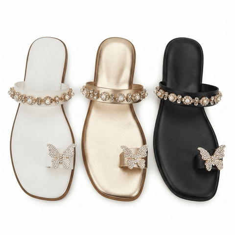 Sparkling Butterfly & Pearl Embellished Toe-Ring Flat Sandals